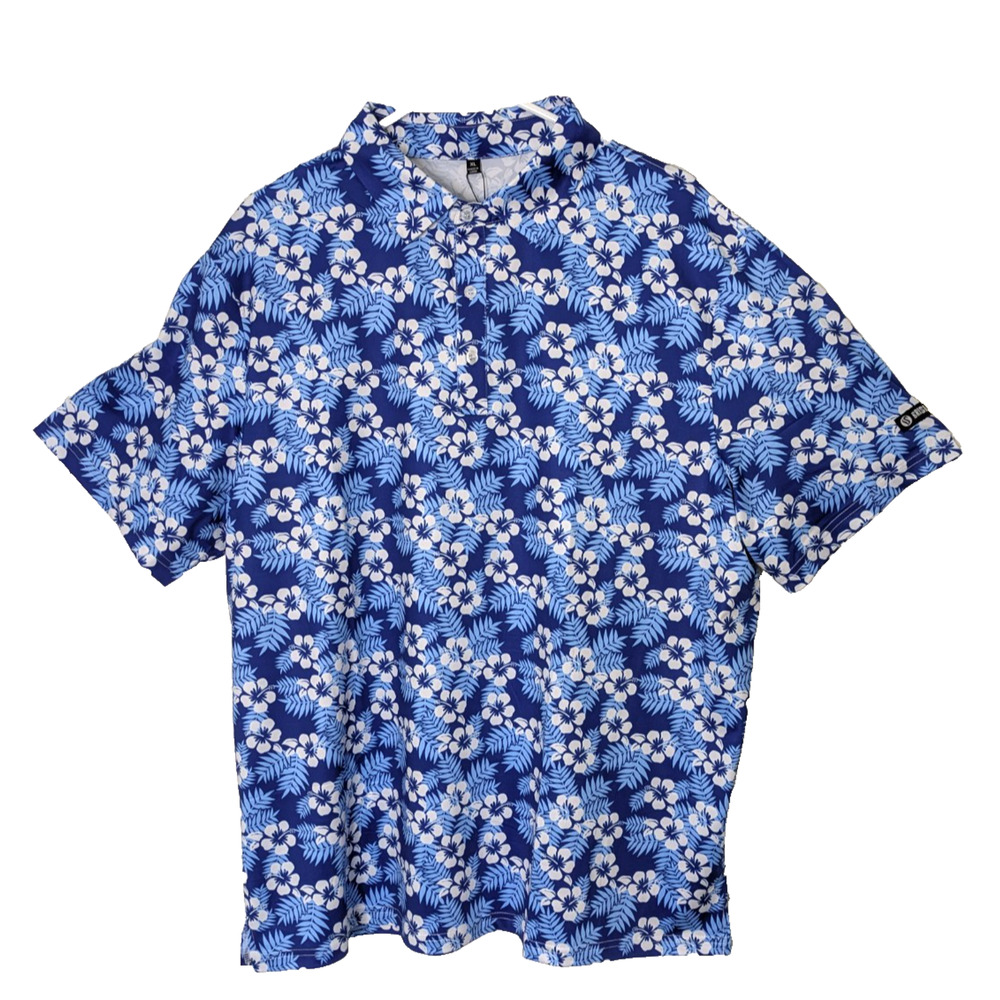 Mens Golf Polo Shirt Moisture Wicking XL Blue Hibiscus Short Sleeve